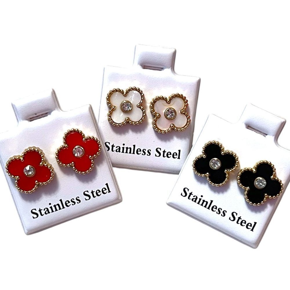 Designer Inspired Stainless Steel Clover Rhinestone Stud Earrings
